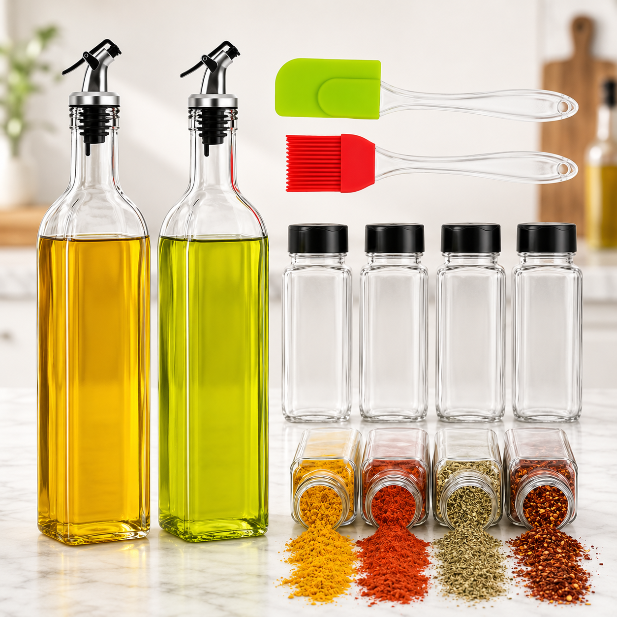 Storepheus™ KitchenPour 2×500ML Oil Bottle + 2 Oil Brush + 4 Spice Jar Set