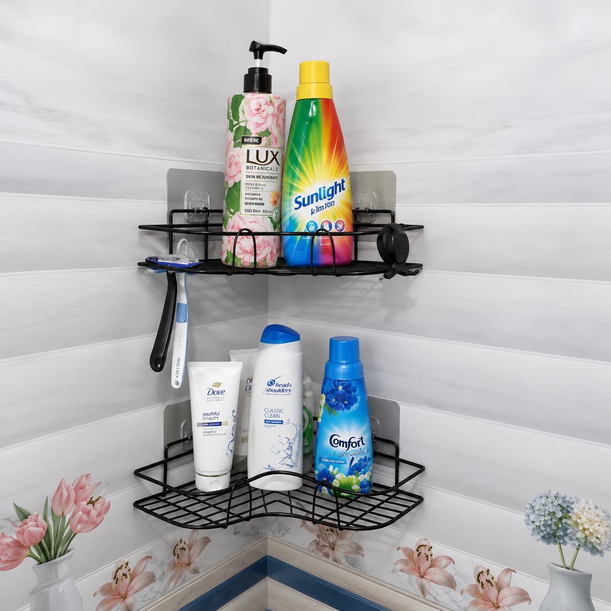 Storepheus™ CornerFlex Adhesive Bathroom Rack Set of 2
