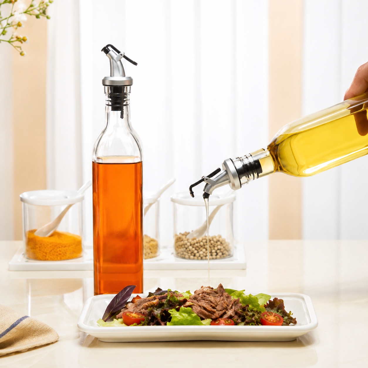 Storepheus™ KitchenPour 2×500ML Oil Bottle + 2 Oil Brush + 4 Spice Jar Set