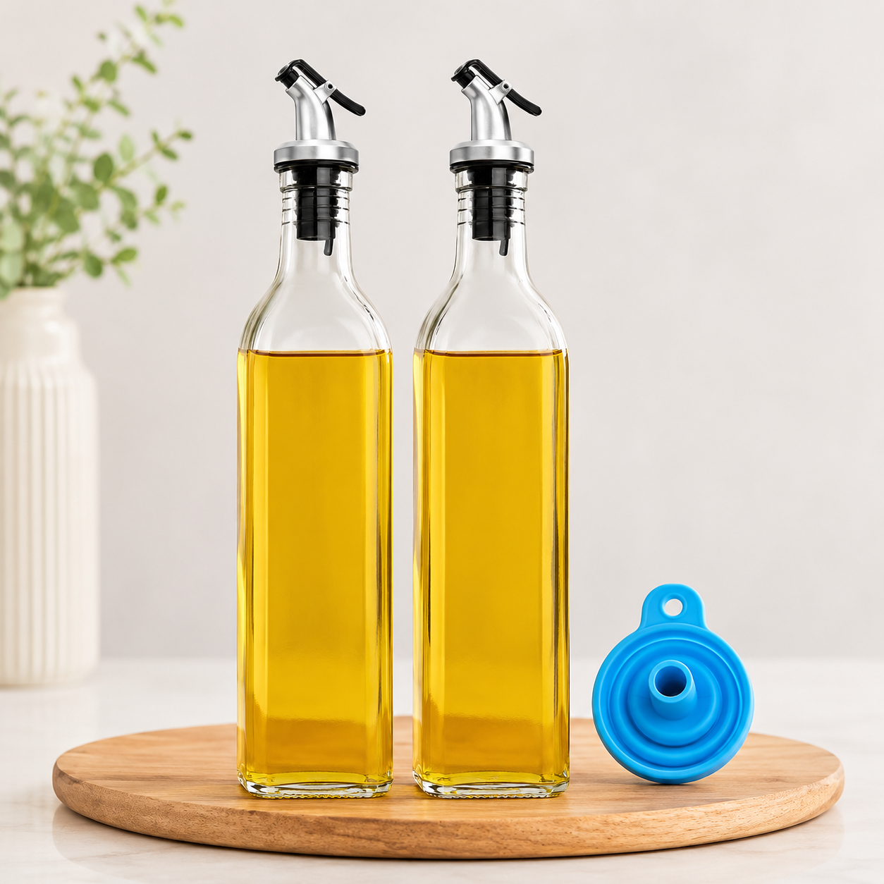 Storepheus™ PurePour 2×500ML Glass Oil Bottle + Funnel Set